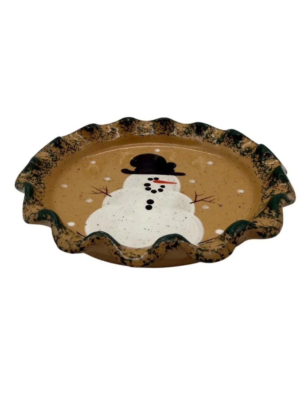 Vtg Three Rivers Pottery Snowman Side Plate Ruffled Green Spongeware Ohio USA